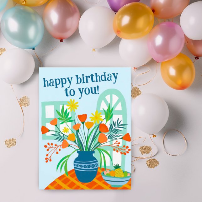 Postal FELIZ CUMPLEAÑOS Floral Personalizado de color (Sweet happy birthday postcard with drawing of a vase full of flowers. Add your own text to customize)
