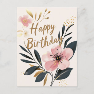Postal Feliz Cumpleaños Floral Rosa Dorado
