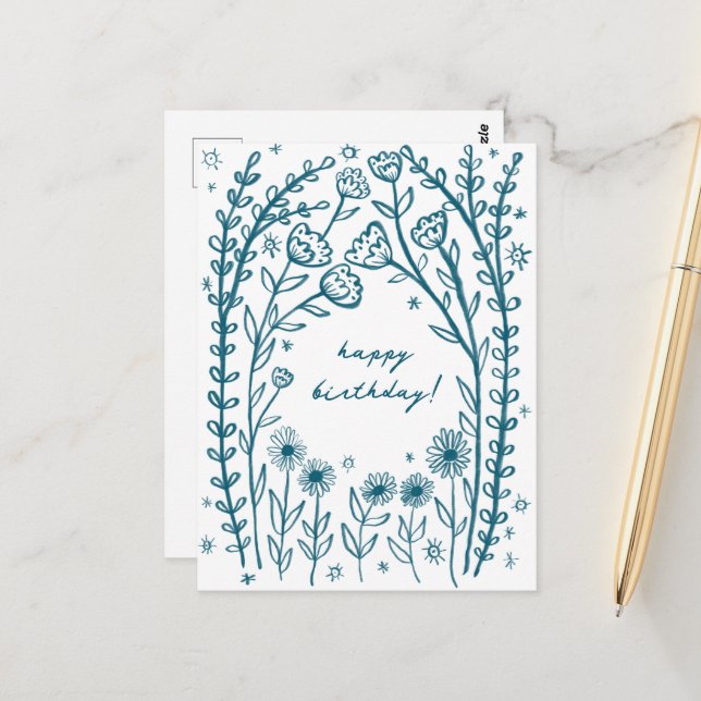 Postal Feliz cumpleaños Floral Whimsical Sketch Doodle (Anverso/Reverso In Situ)