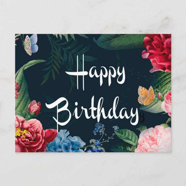 Postal Feliz cumpleaños, florecimiento colorido, (Anverso)