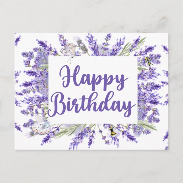 Postal Feliz Cumpleaños Flores Acuarela Lavanda (Anverso)