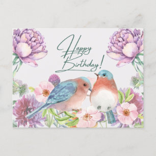 Postal Feliz Cumpleaños Flores Acuarela, Pájaros