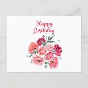 Postal Feliz Cumpleaños Flores Acuarela Rojas y Rosadas