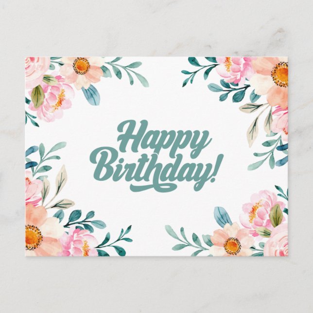 Postal Feliz Cumpleaños Flores Acuarela Rosadas  (Anverso)