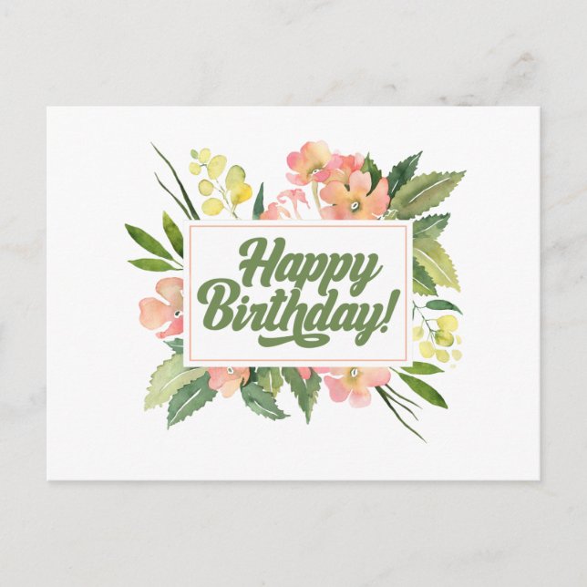 Postal Feliz Cumpleaños Flores de Acuarela Pastel Rosa (Anverso)