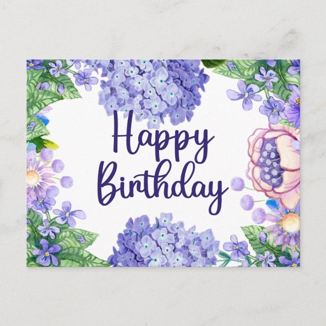 Postal Feliz Cumpleaños Flores de Acuarela Purpura (Anverso)
