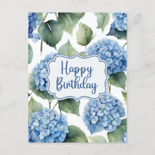Postal Feliz Cumpleaños Flores de Hortensia Azul Acuarela