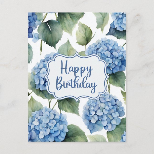 Postal Feliz cumpleaños flores de Hortensia Azul Acuarela (Anverso)