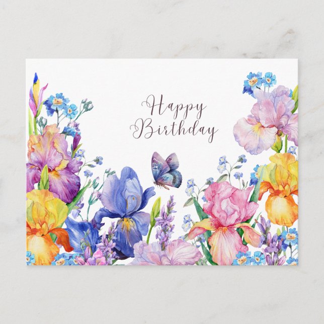 Postal Feliz Cumpleaños Flores de Iris Acuarela y Jardín (Anverso)