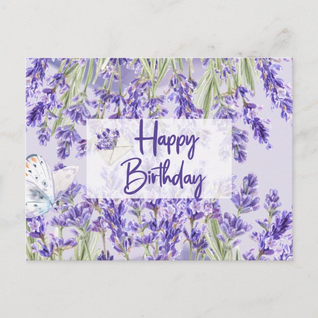 Postal Feliz Cumpleaños Flores de Lavanda Purpura (Anverso)