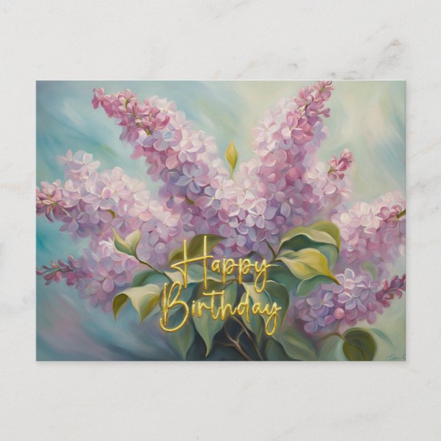 Postal Feliz Cumpleaños Flores de Lilas Rosadas  (Anverso)