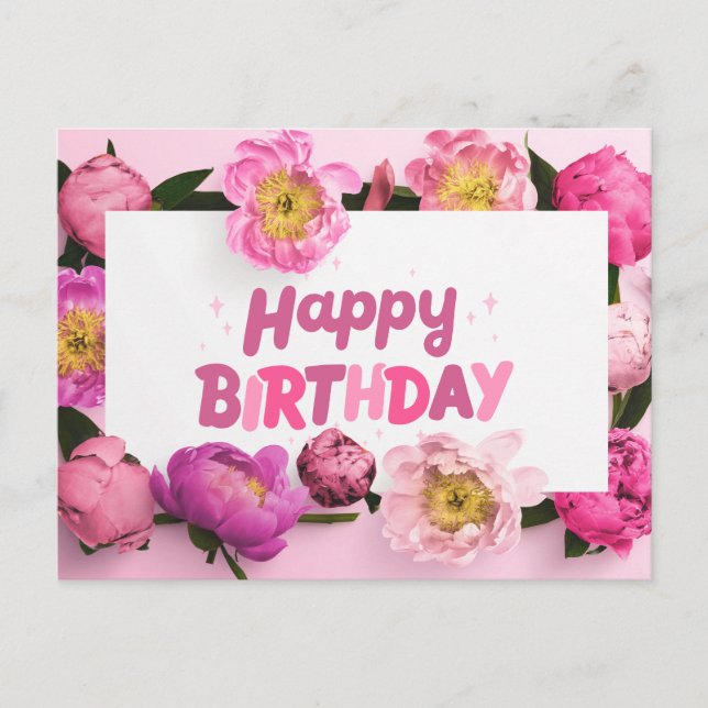 Postal Feliz Cumpleaños Flores de Peonía Rosada  (Anverso)