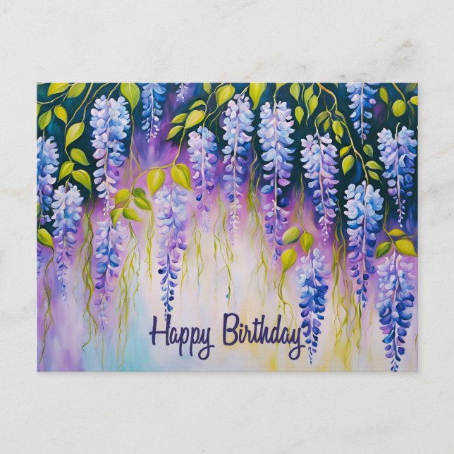 Postal Feliz Cumpleaños Flores de Wisteria Purpura (Anverso)