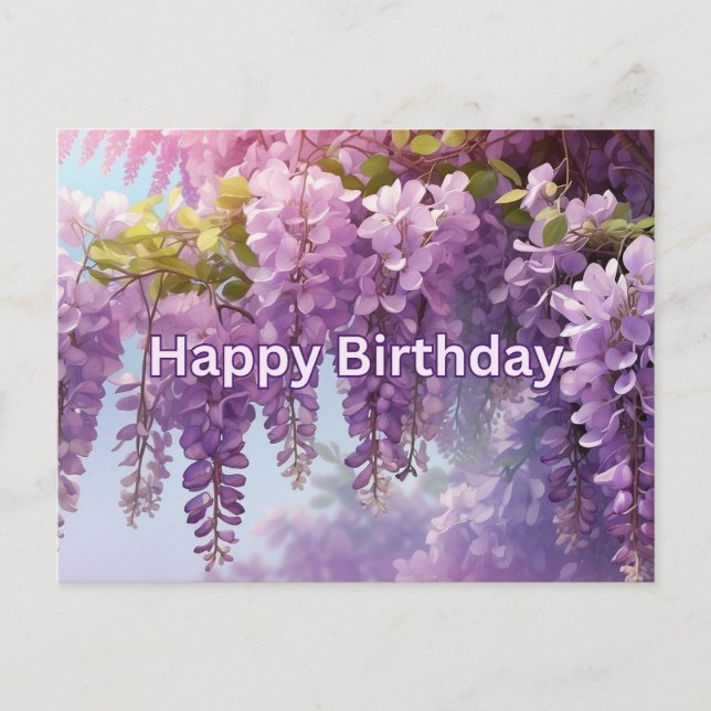 Postal Feliz Cumpleaños Flores de Wisteria Púrpura (Anverso)