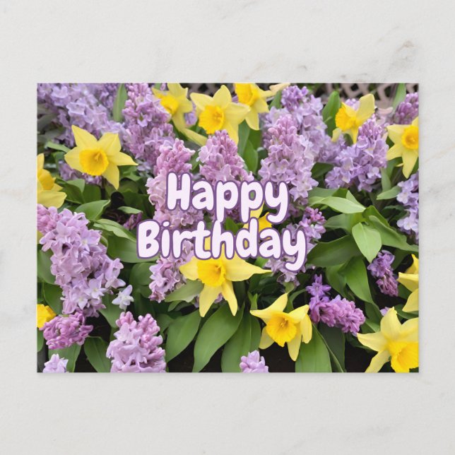 Postal Feliz cumpleaños flores lilas y narcisos amarillos (Anverso)