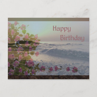 Postal Feliz cumpleaños - Flores oceánicas y buganvillas