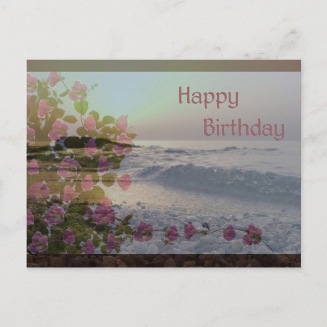 Postal Feliz cumpleaños - Flores oceánicas y buganvillas (Anverso)