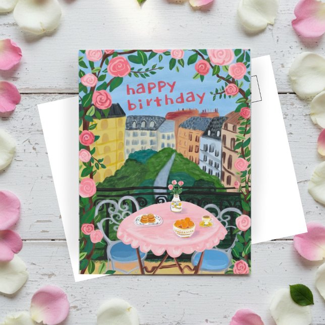 Postal FELIZ CUMPLEAÑOS Flores Terraza Té París (HAPPY BIRTHDAY Flowers Terrace Tea Time Paris Postcard
)