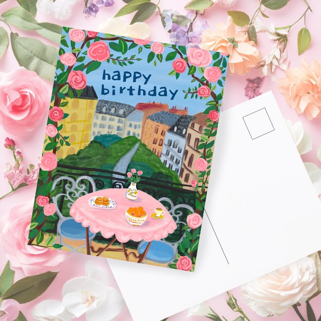 Postal FELIZ CUMPLEAÑOS Flores Terraza Tea Time París (HAPPY BIRTHDAY Flowers Terrace Tea Time Paris Postcard
)