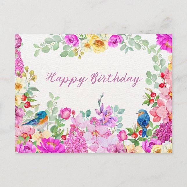 Postal Feliz Cumpleaños Flores Vibrantes Acuarela (Anverso)