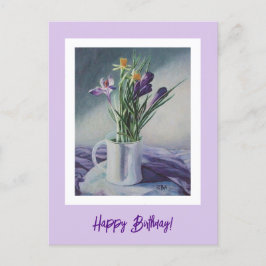 Postal Feliz cumpleaños, flores violetas púrpura pintando