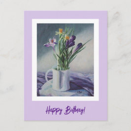 Postal Feliz cumpleaños, flores violetas púrpura pintando