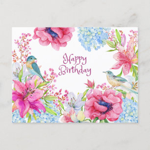 Postal Feliz Cumpleaños Flores y Pájaros Vibrantes Acuare