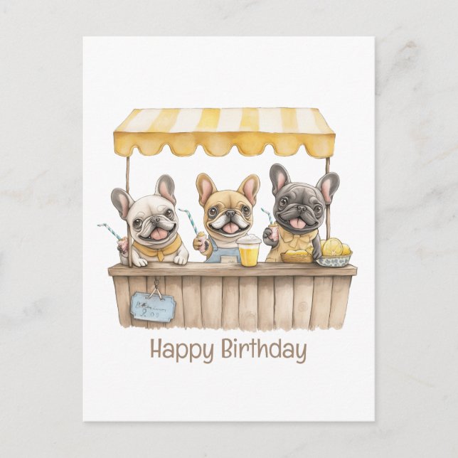 Postal Feliz Cumpleaños French Bulldogs Puesto de Limonad (Anverso)