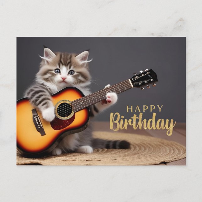 Postal Feliz Cumpleaños Gatito Adorable Tocando Guitarra  (Anverso)