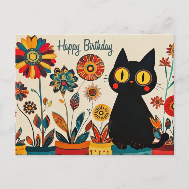 Postal Feliz Cumpleaños Gatito Negro Bonito con Flores  (Anverso)