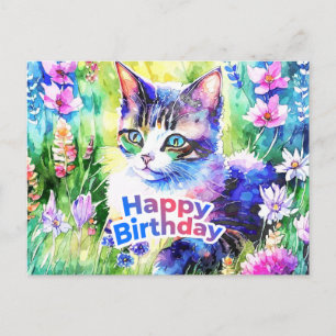 Postal Feliz Cumpleaños Gato Acuarela y Flores