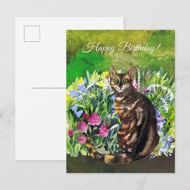 Postal Feliz Cumpleaños Gato Bengal con flores (Anverso / Reverso)