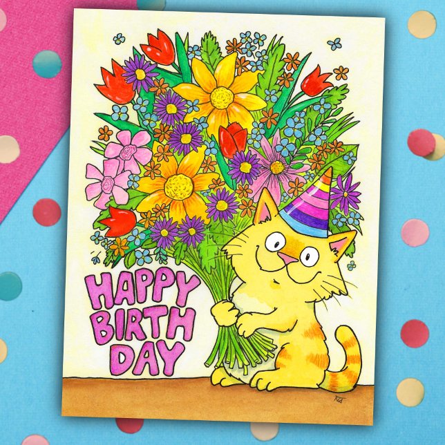 Postal Feliz Cumpleaños Gato con Flores  (Subido por el creador)