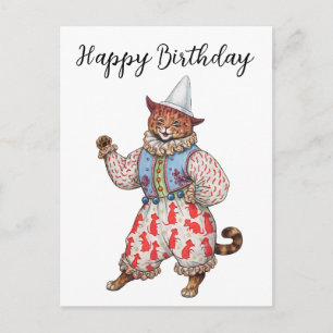 Postal Feliz Cumpleaños Gato Disfrazado Teatral Arlequín