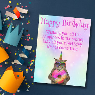 Postal feliz cumpleaños gato divertido con guion donut ro
