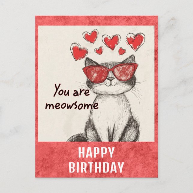 Postal Feliz Cumpleaños Gato Divertido Corazones (Anverso)