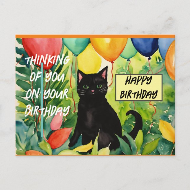 Postal Feliz cumpleaños :gato negro abriendo una fiesta d (Anverso)