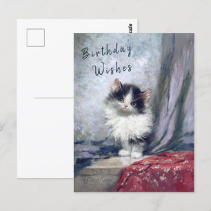 Postal  Feliz Cumpleaños Gato Pintura al Óleo Gris Rojo  