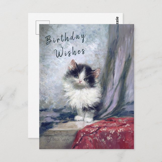 Postal  Feliz Cumpleaños Gato Pintura al Óleo Gris Rojo | (Anverso / Reverso)