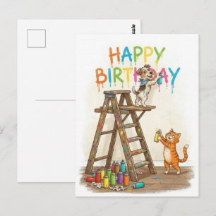 Postal Feliz Cumpleaños Gato y Perro
