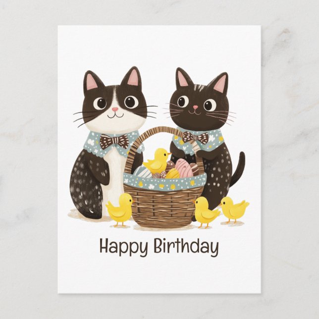 Postal Feliz Cumpleaños Gatos de Pascua Canasta de Pascua (Anverso)