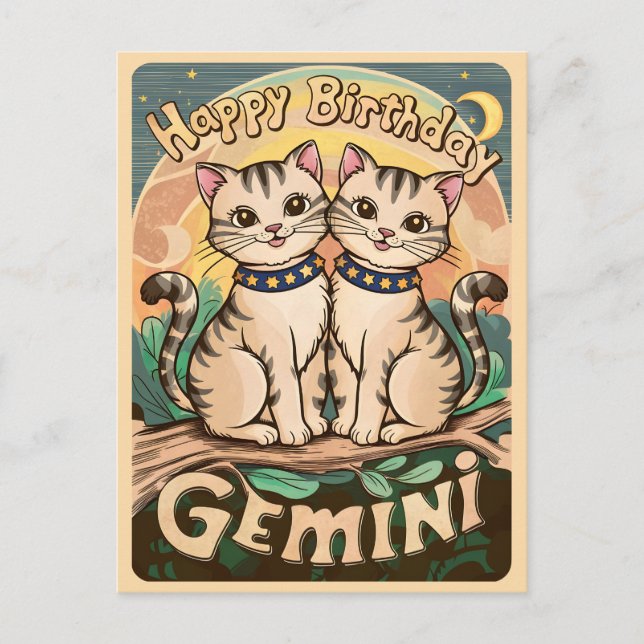 Postal Feliz Cumpleaños Gatos del Signo Zodiacal Géminis (Anverso)