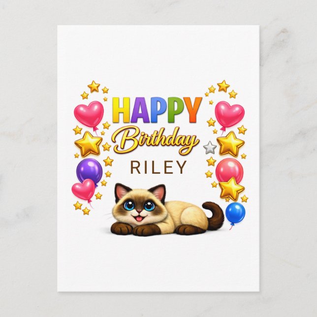 Postal Feliz Cumpleaños Gatos Siameses Globos y Estrellas (Anverso)
