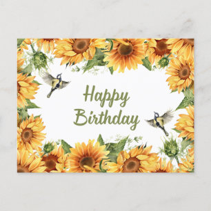 Postal Feliz Cumpleaños Girasoles y Pájaros Acuarela