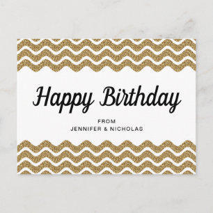 Postal Feliz Cumpleaños Glitter Dorado Rayas Chevron Blan