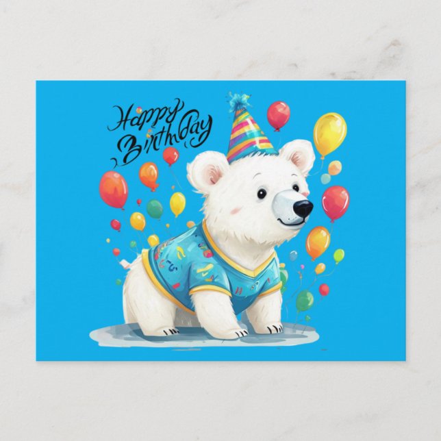 Postal Feliz Cumpleaños Globos Oso Polar Fiesta Arte (Anverso)