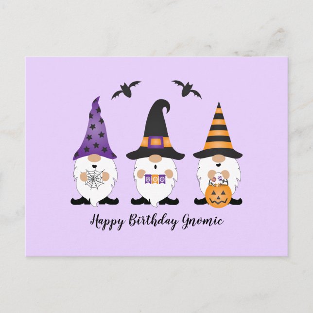 Postal Feliz cumpleaños Gnomie Halloween Naranja morado (Anverso)