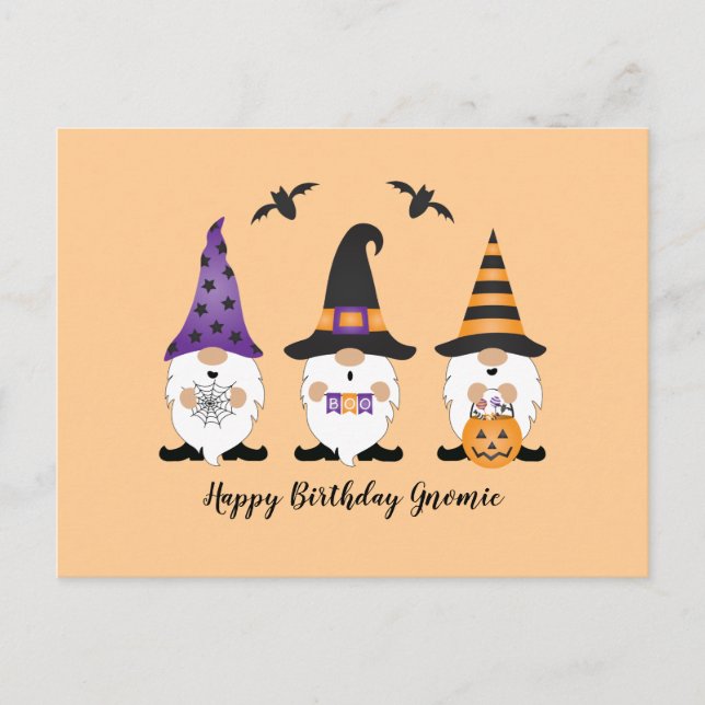 Postal Feliz cumpleaños Gnomie Halloween Naranja morado (Anverso)