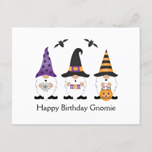 Postal Feliz Cumpleaños Gnomie Halloween Púrpura Naranja