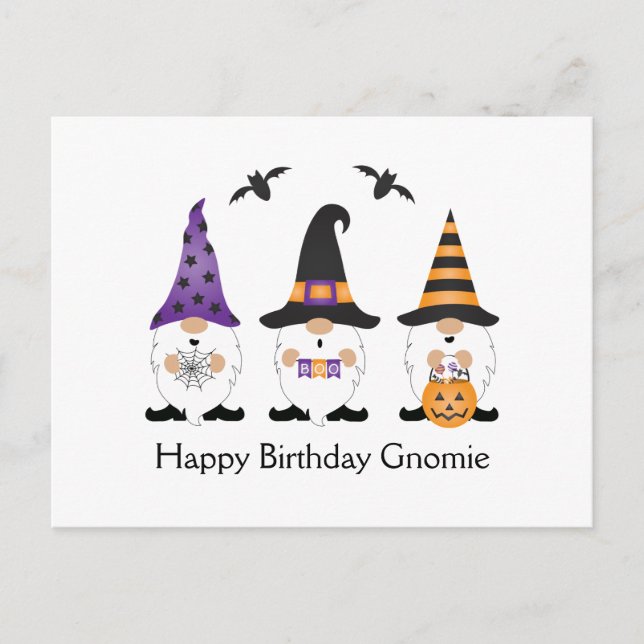 Postal Feliz Cumpleaños Gnomie Halloween Púrpura Naranja (Anverso)